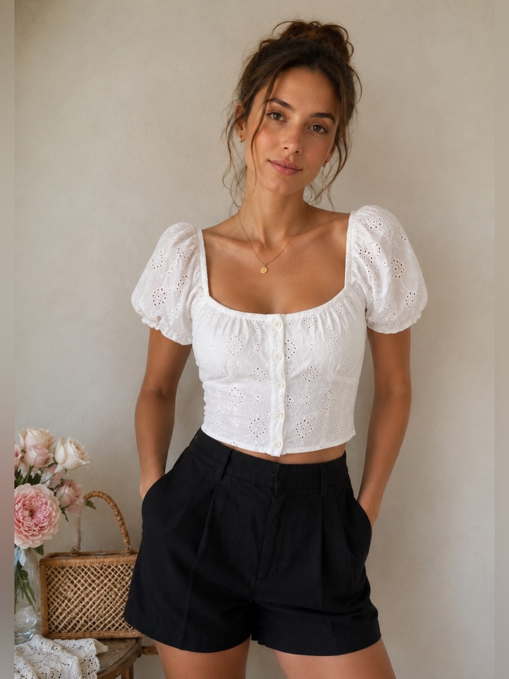 White eyelet puff sleeve crop top size Small